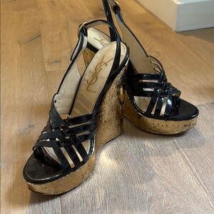 Classic Yves Saint Laurent Black & Gold Wedges - size 39